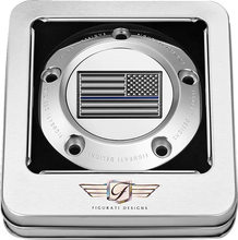 Load image into Gallery viewer, Figurati Designs Timing Cover - 5 Hole - Blue Line American Flag - Stainless Steel - Side View