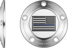 Load image into Gallery viewer, Figurati Designs Timing Cover - 5 Hole - Blue Line American Flag - Stainless Steel - Back View