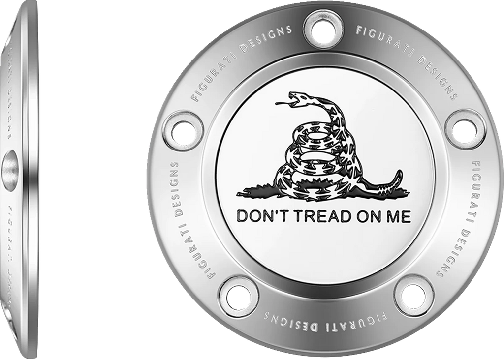 Figurati Designs Timing Cover - 5 Hole - Don't Tread on Me - Stainless Steel - Side View