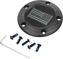 Load image into Gallery viewer, Figurati Designs Timing Cover - 5 Hole - Green Line American Flag - Black - Main Product View