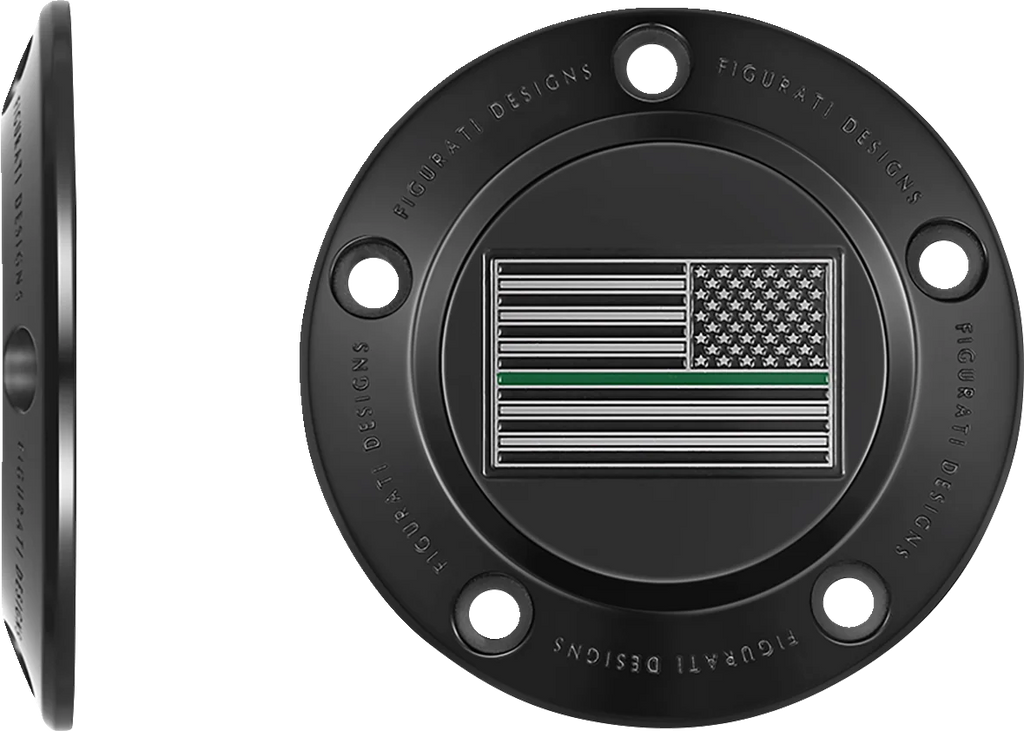 Figurati Designs Timing Cover - 5 Hole - Green Line American Flag - Black - Side View