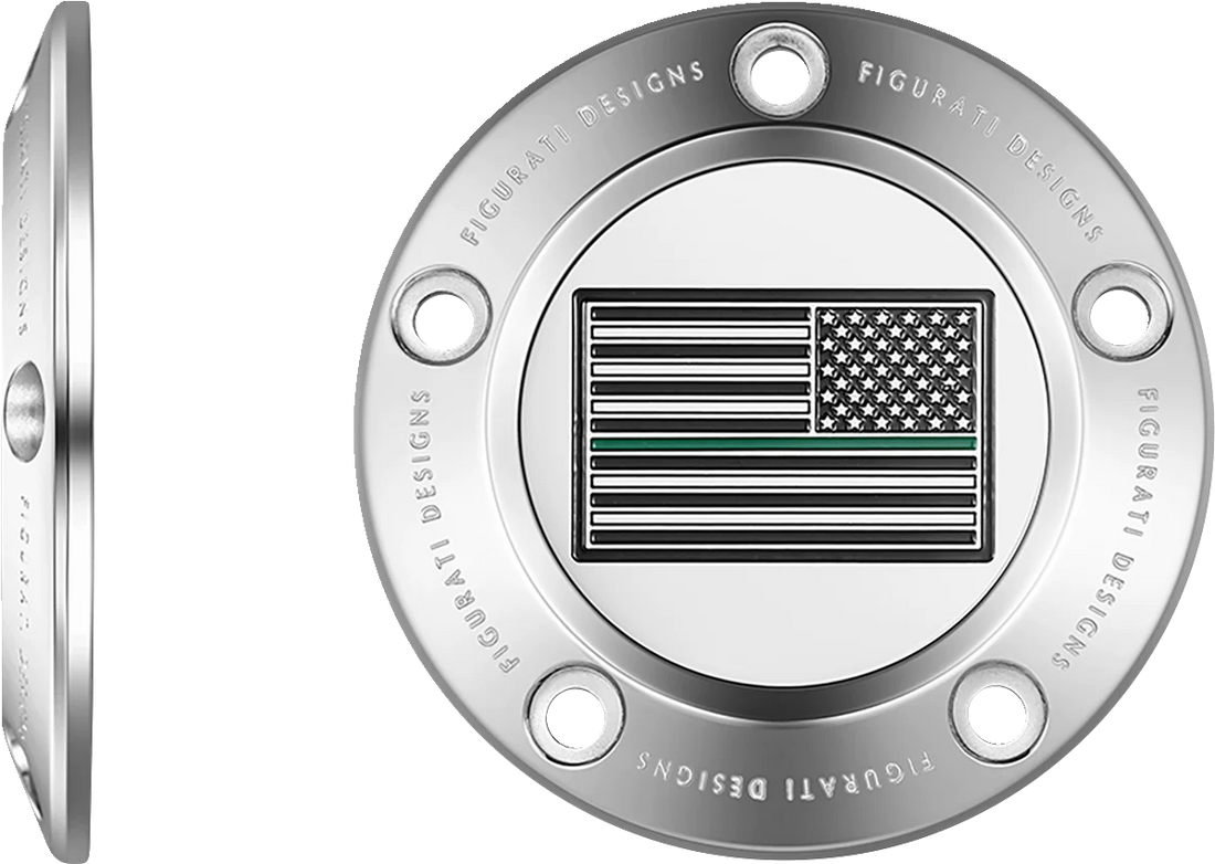 Figurati Designs Timing Cover - 5 Hole - Green Line American Flag - Stainless Steel - Side View