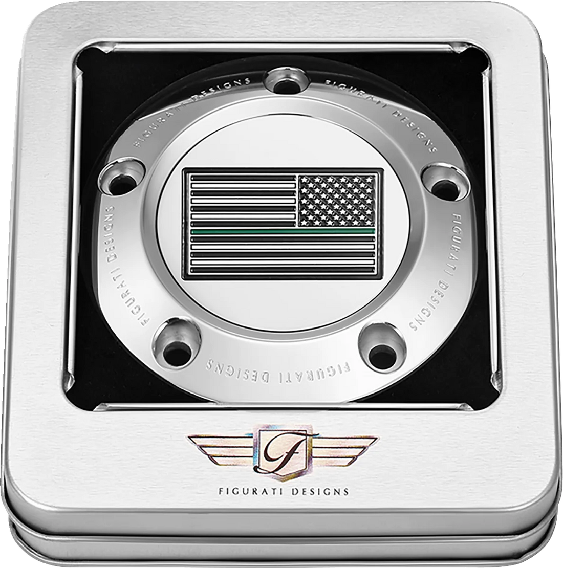 Figurati Designs Timing Cover - 5 Hole - Green Line American Flag - Stainless Steel - Back View