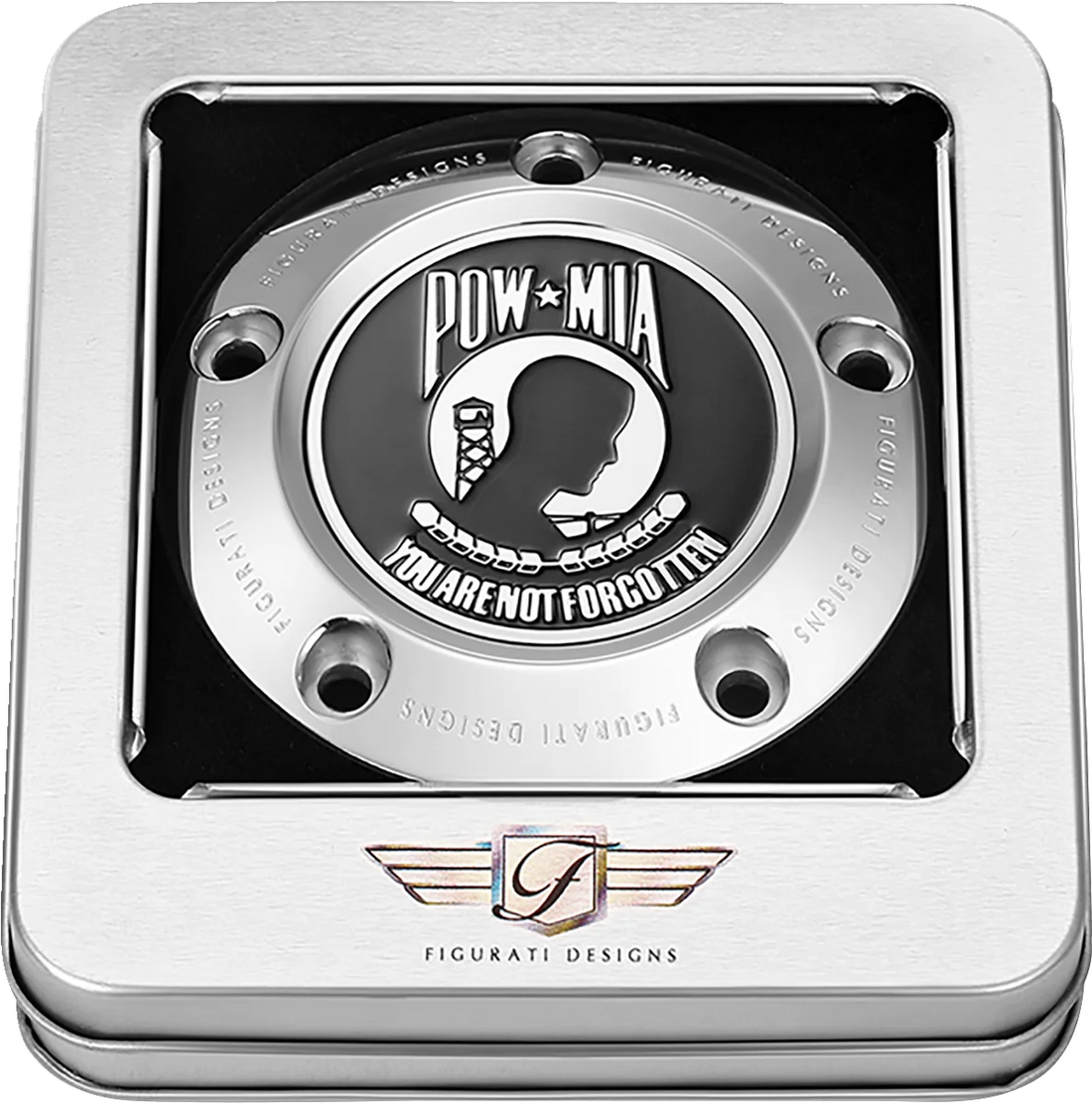 Figurati Designs Timing Cover - 5 Hole - POW MIA - Stainless Steel - Back View