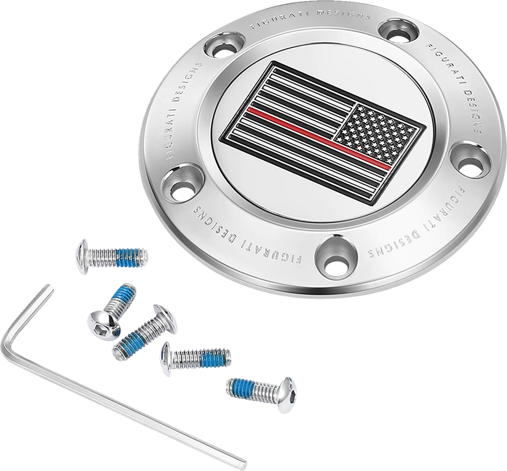 Figurati Designs Timing Cover - 5 Hole - Red Line American Flag - Stainless Steel - Main Product View