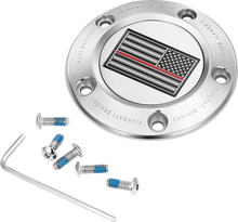 Load image into Gallery viewer, Figurati Designs Timing Cover - 5 Hole - Red Line American Flag - Stainless Steel - Main Product View