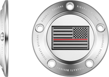 Load image into Gallery viewer, Figurati Designs Timing Cover - 5 Hole - Red Line American Flag - Stainless Steel - Side View