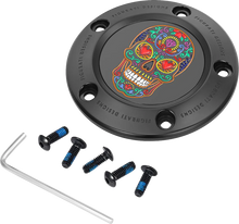 Load image into Gallery viewer, Figurati Designs Timing Cover - 5 Hole - Sugar Skull - Black - Main Product View