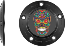 Load image into Gallery viewer, Figurati Designs Timing Cover - 5 Hole - Sugar Skull - Black - Side View
