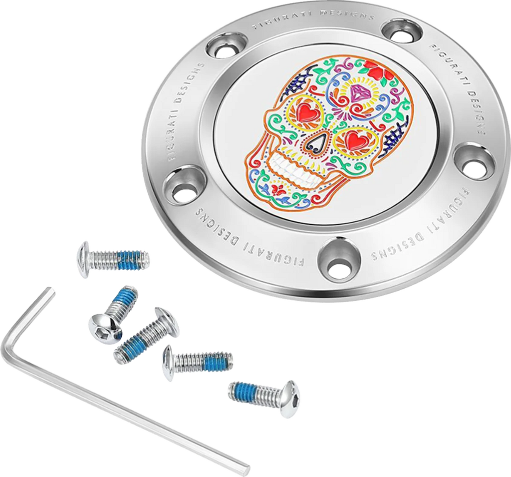 Figurati Designs Timing Cover - 5 Hole - Sugar Skull - Mirror Polished - Stainless Steel - Main Product View