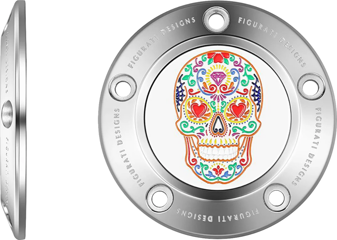 Figurati Designs Timing Cover - 5 Hole - Sugar Skull - Mirror Polished - Stainless Steel - Side View