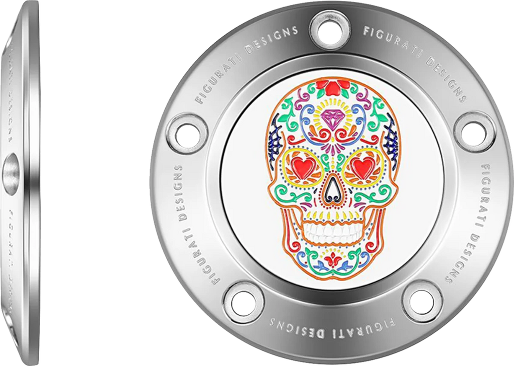Figurati Designs Timing Cover - 5 Hole - Sugar Skull - Mirror Polished - Stainless Steel - Side View