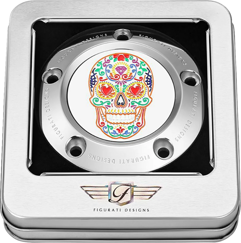 Figurati Designs Timing Cover - 5 Hole - Sugar Skull - Mirror Polished - Stainless Steel - Back View