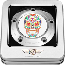 Load image into Gallery viewer, Figurati Designs Timing Cover - 5 Hole - Sugar Skull - Mirror Polished - Stainless Steel - Back View