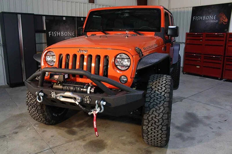Fishbone Offroad 07-18 Jeep Wrangler Front Winch Bumper W/LEDs Full Width - Blk Texured Powdercoated - Side View