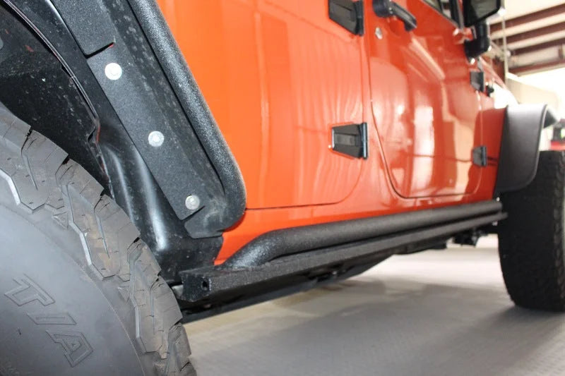 Fishbone Offroad 07-18 Jeep Wrangler JK 4 Door Rubicon Steel Rock Slider - Black Textured Powdercoat - Side View