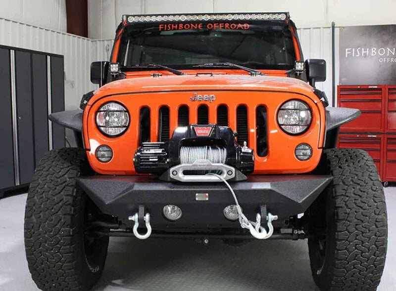 Fishbone Offroad 07-18 Jeep Wrangler JK Rubicon Unlimited Steel Front Bumper - Blk Txtrd Powdercoat - Installation View