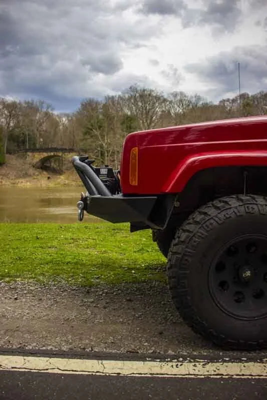 Fishbone Offroad Cherokee XJ Front Winch Bumper W/Grille Guard Bullhead Steel - Blk Txtrd Pwdrcoat - Side View