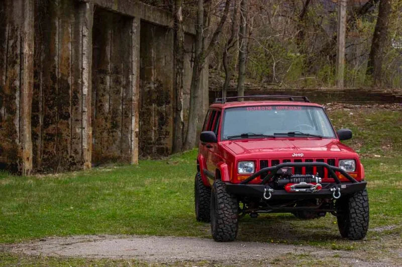 Fishbone Offroad Cherokee XJ Front Winch Bumper W/Grille Guard Bullhead Steel - Blk Txtrd Pwdrcoat - Back View