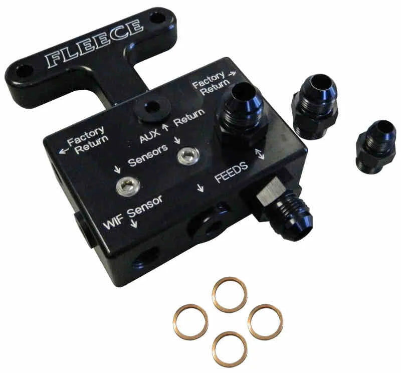 Fleece Performance 03-07 Dodge 5.9L / 07.5-09 6.7L Cummins 3rd Gen Fuel Distribution Block - Side View