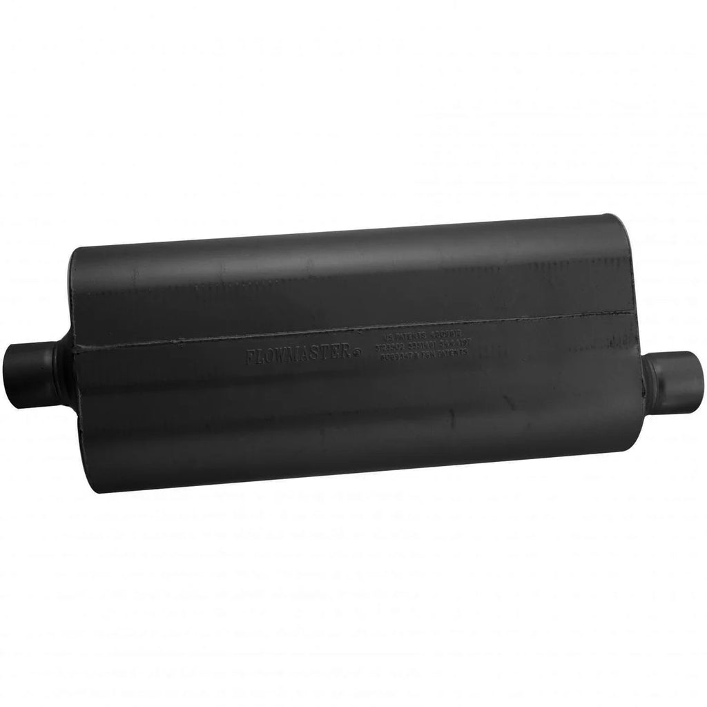Flowmaster 70 Series - 2.50 Center In / 2.50 Offset Out - Mild Sound fits 1992-2013 Dodge / Ford / Toyota - Side View