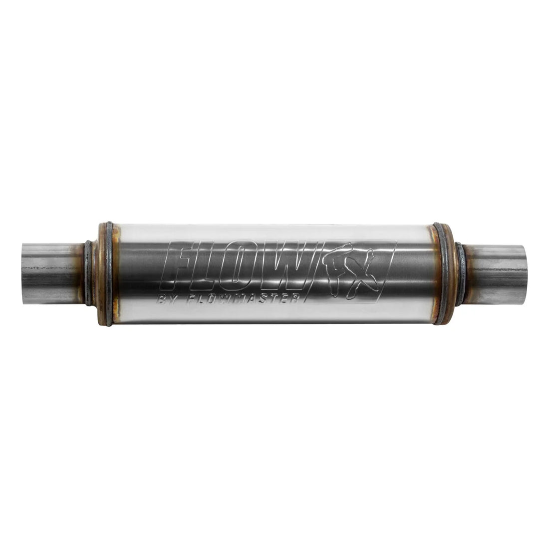 Flowmaster Flow FX Muffler - 2.25 In/Out - Round Body - Moderate Sound - Stainless Steel - Side View