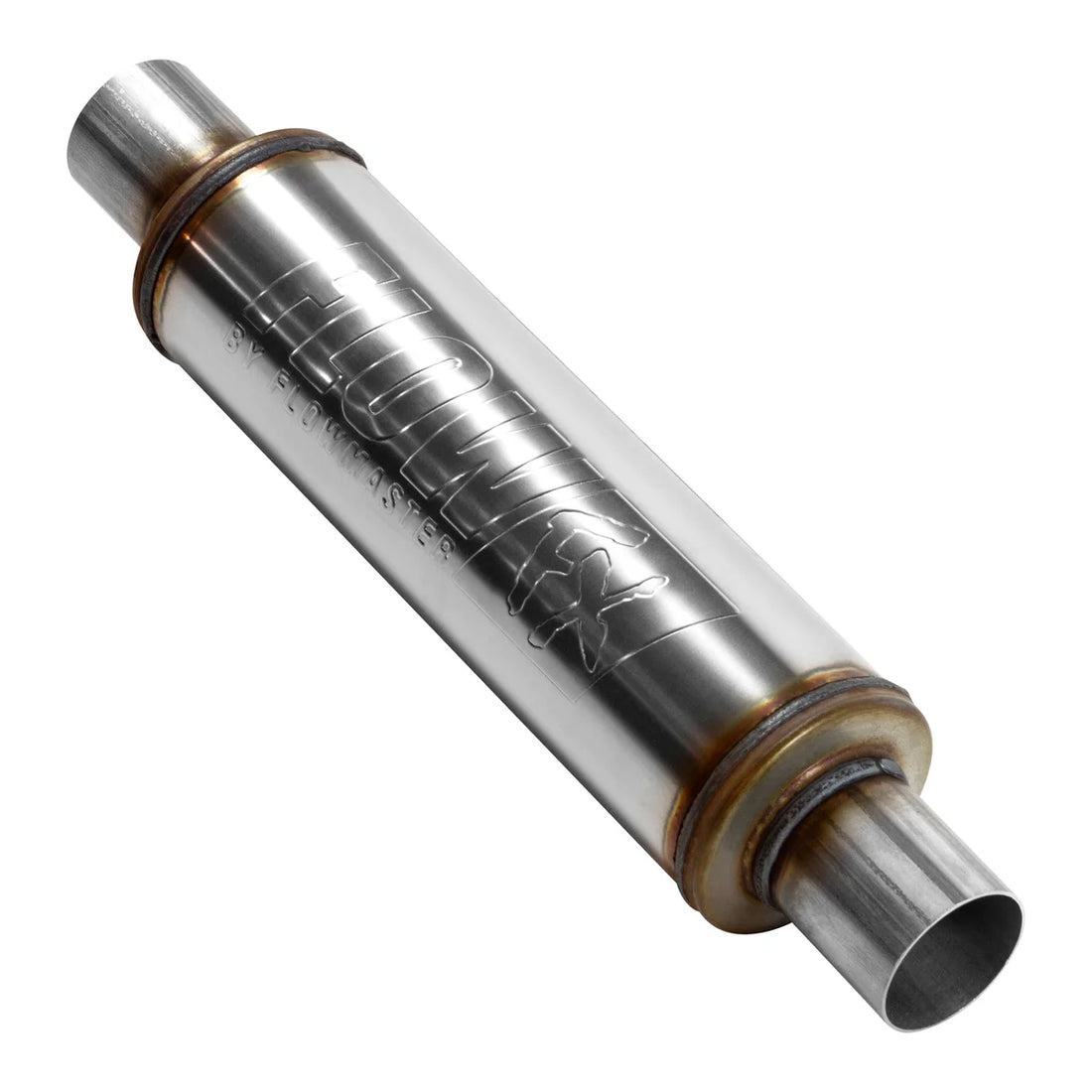 Flowmaster Flow FX Muffler - 2.25 In/Out - Round Body - Moderate Sound - Stainless Steel - Back View