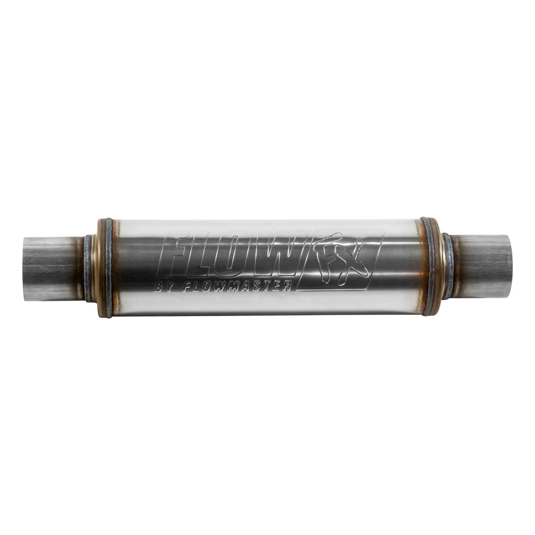 Flowmaster Flow FX Muffler - 2.50 In/Out - Round Body - Moderate Sound - Stainless Steel - Side View