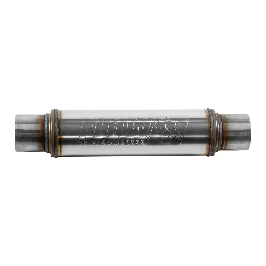 Flowmaster Flow FX Muffler - 3.00 In/Out - Round Body - Moderate Sound - Stainless Steel - Side View