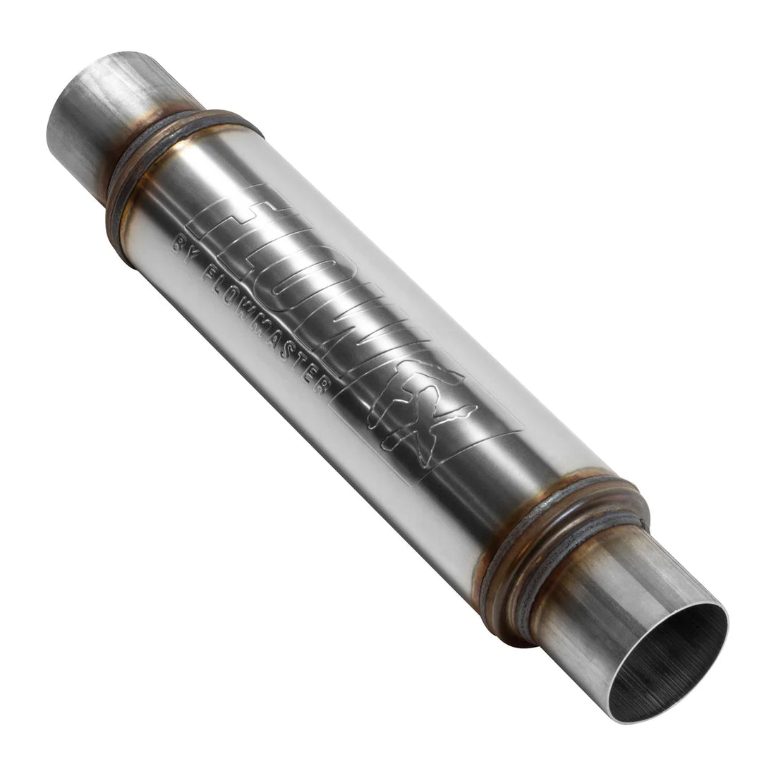 Flowmaster Flow FX Muffler - 3.00 In/Out - Round Body - Moderate Sound - Stainless Steel - Back View