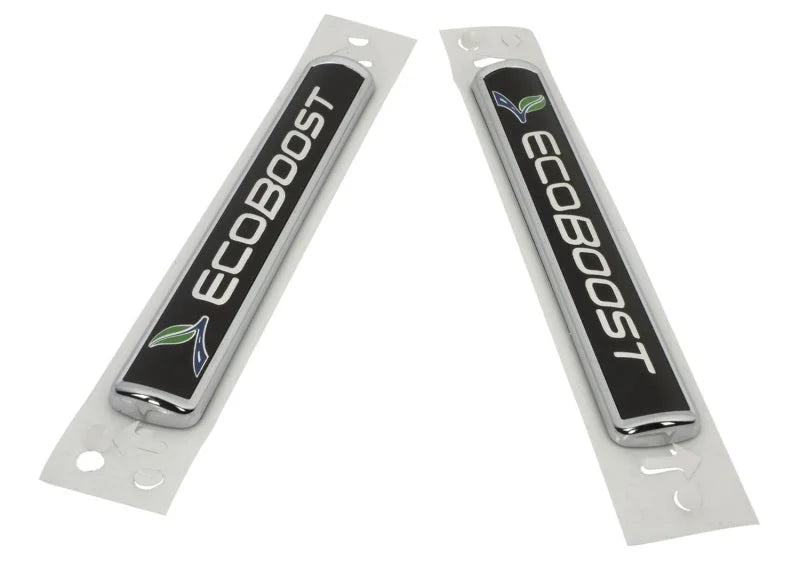 Ford Racing Black/Silver EcoBoost Emblem 3-1/2in x 9/16in - Set of 2 - Back View