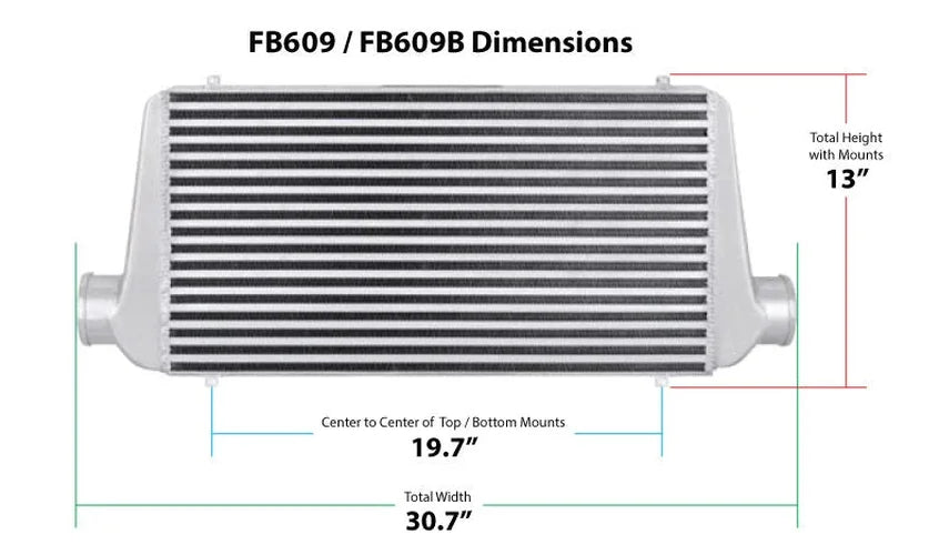 Frostbite Universal fit 23.5" X 12" X 3" core with 3" inlet/outlet - polished - Dimension Reference