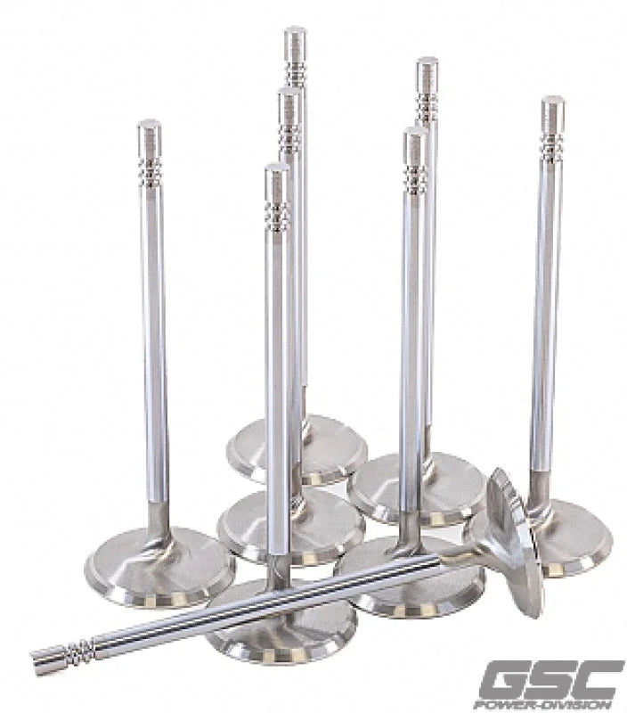 GSC P-D Ford Voodoo/Predator 38.26mm Head STD 121.13mm Long Chrome Polished Intake Valve - Set of 8 - Side View