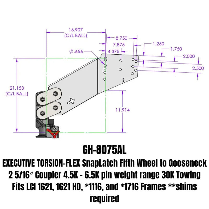 Gen-Y Executive Torsion-Flex Auto 5th Wheel to Gooseneck 2-5/16in Coupler (4.5K-6.5K PW) - Side View