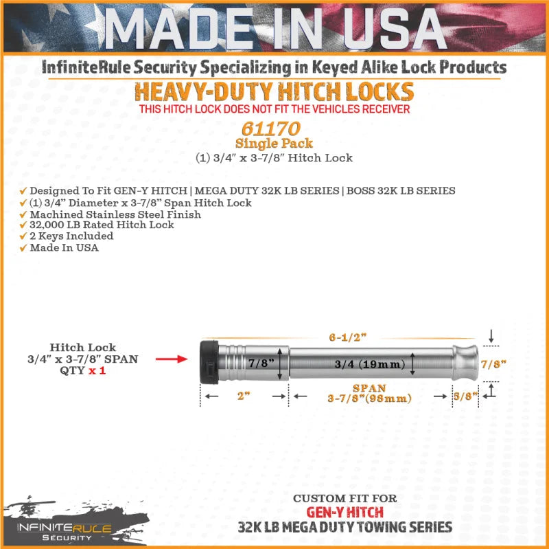 Gen-Y InfiniteRule (1) 3/4in x 3-7/8in Hitch Lock w/2 Keys - Back View