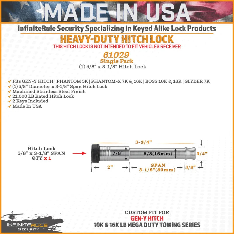 Gen-Y InfiniteRule (1) 5/8in x 3-1/8in Hitch Lock w/2 Keys - Back View