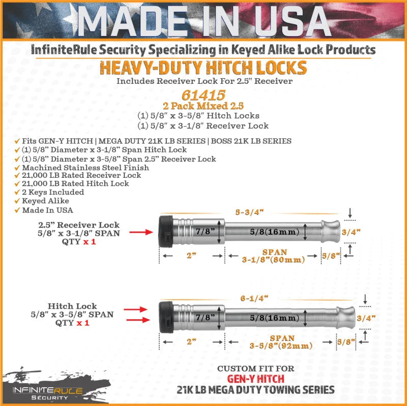 Gen-Y InfiniteRule (1) 5/8in x 3-5/8in Hitch Lock (1) 5/8in x 3-1/8in 2.5in Receiver Lock w/4 Keys - Back View
