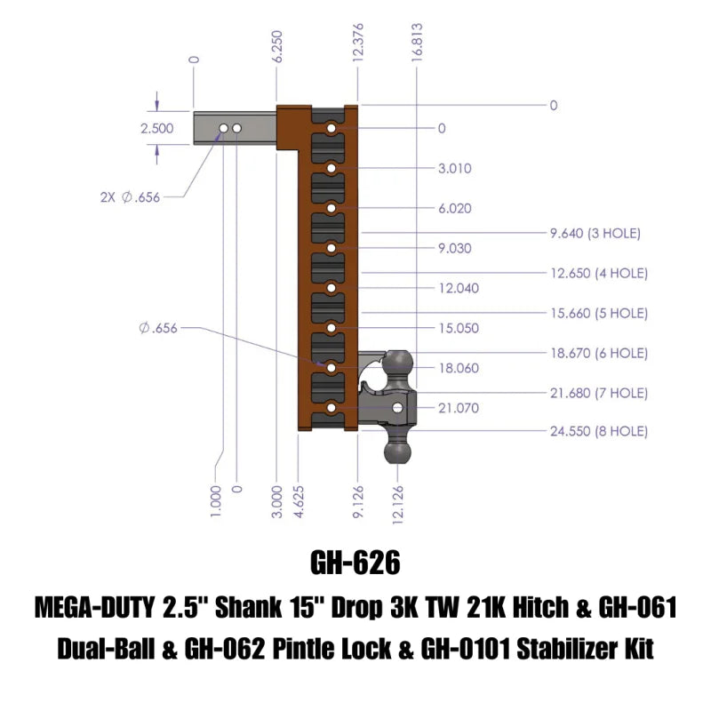 Gen-Y Mega Duty 2.5in Shank 15in Drop 21K Hitch w/Dual-Ball/Pintle Lock/Stabilizer Kit - Side View