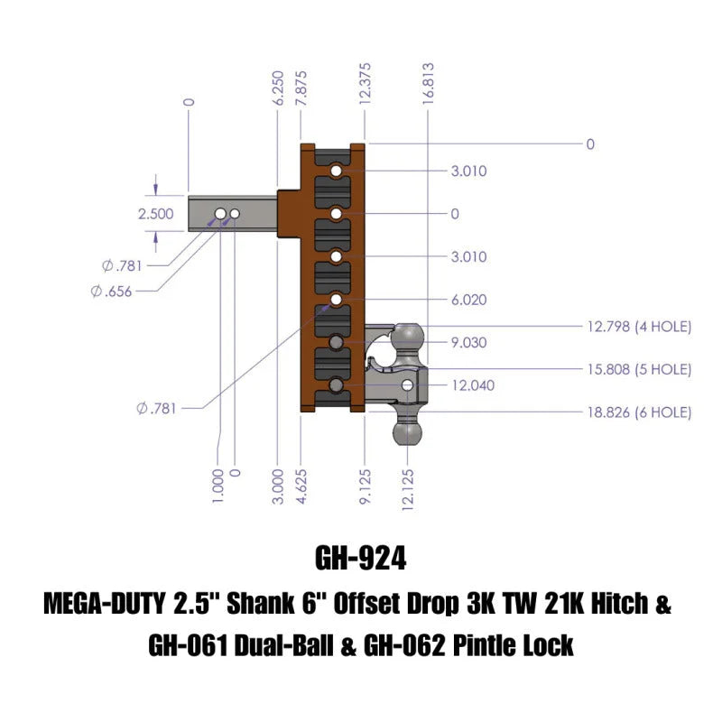 Gen-Y Mega Duty 2.5in Shank 6in Offset Drop 21K Hitch w/GH-061 Dual-Ball/GH-062 Pintle Lock - Side View