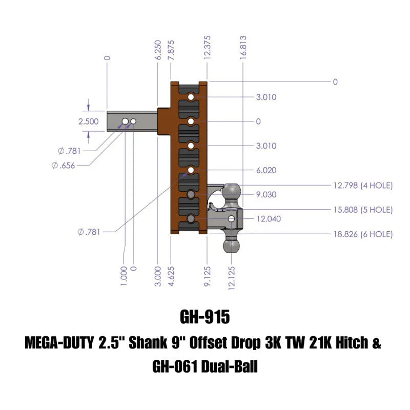 Gen-Y Mega Duty 2.5in Shank 9in Offset Drop 3K TW 21K Hitch w/GH-061 Dual-Ball - Side View