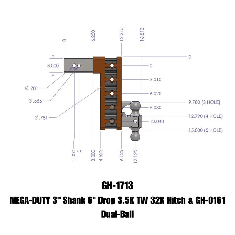 Gen-Y Mega Duty 3in Shank 6in Drop 3.5K TW 32K Hitch w/GH-0161 Dual-Ball - Side View