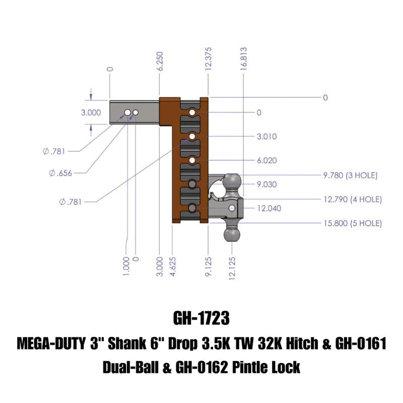 Gen-Y Mega Duty 3in Shank 6in Drop 3.5K TW 32K Hitch w/GH-0161 Dual-Ball/GH-0162 Pintle Lock - Side View