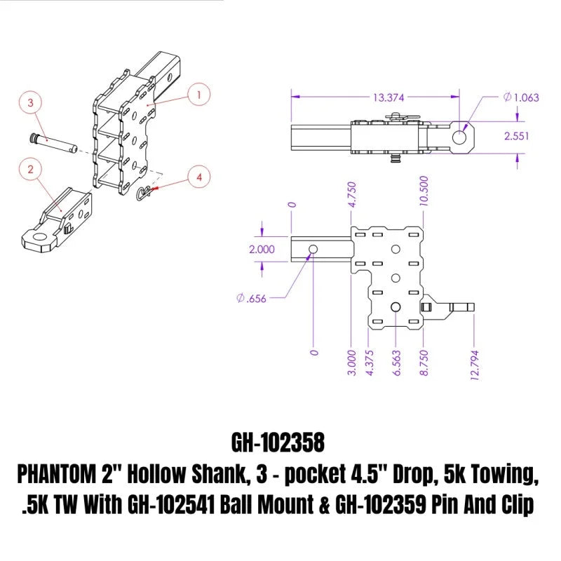 Gen-Y Phantom 2in Hollow Shank 4.5in Drop 500lb TW 12K Hitch w/GH-102541 Mount/GH-102359 Pin & Clip - Installation View