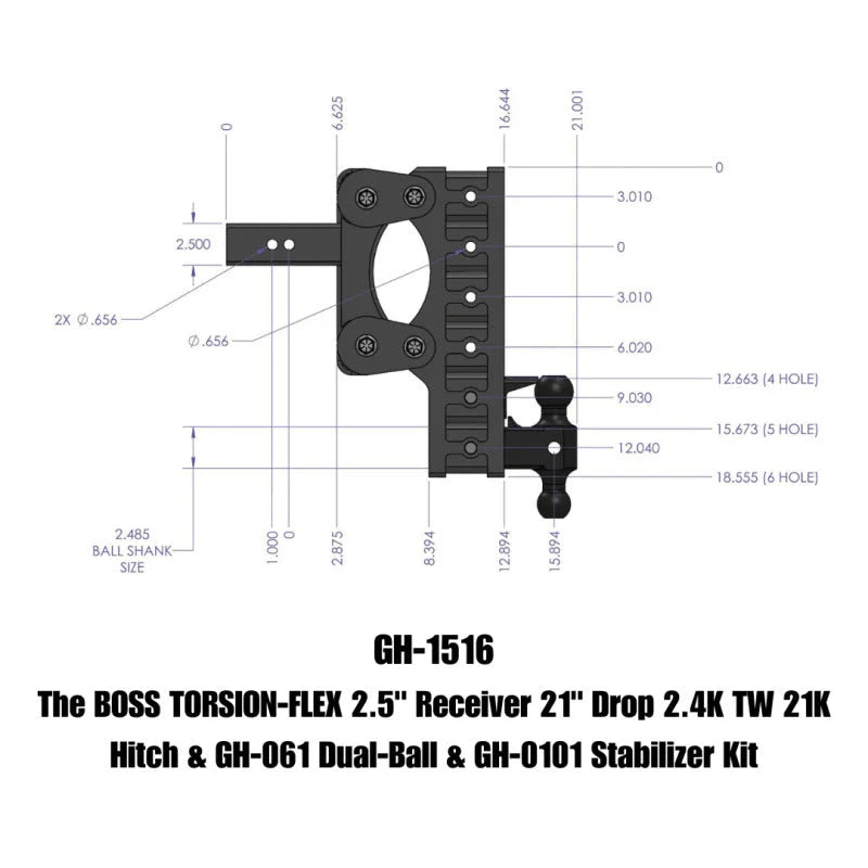 Gen-Y The Boss Torsion-Flex 2.5in Receiver 21in Drop Hitch w/GH-061 Dual-Ball/Stabilizer Kit - Side View