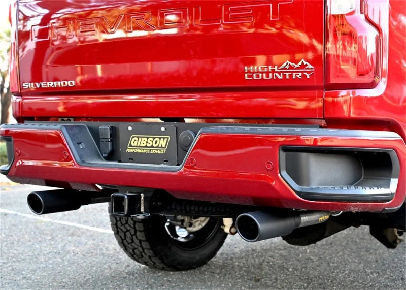 Gibson 20-21 Chevy Silverado 6.6L 2.5in Cat-Back Dual Split Exhaust System Stainless - Black Elite - Side View