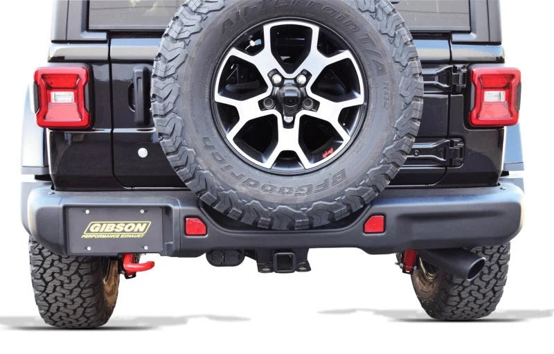 Gibson 2.5in Cat-Back Single Exhaust - Black Elite (Ceramic) fits 2018-2025 Jeep Wrangler JL Rubicon 3.6L - Back View