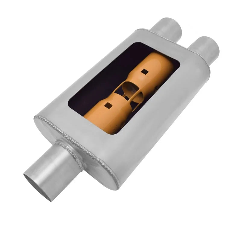 Gibson MWA Superflow Center/Dual Oval Muffler - 4x9x14in/3in Inlet/3in Outlet - Stainless - Detail View
