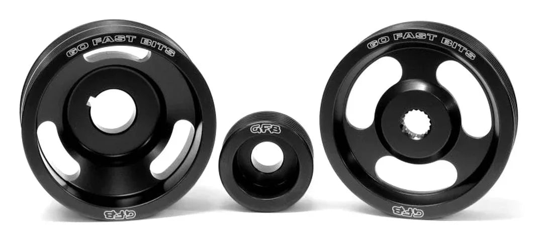 GFB 04-10 WRX/STI 3 Piece Under-Drive Pulley Kit w/ Belts (Crank Alternator & Power Steering) - Side View