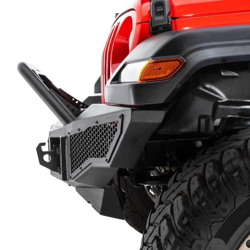 Go Rhino 07-20 Jeep Wrangler JL/JLU/JK/JKU/Gladiator JT Rockline Full Width Bumper w/ Overrider - Installation View