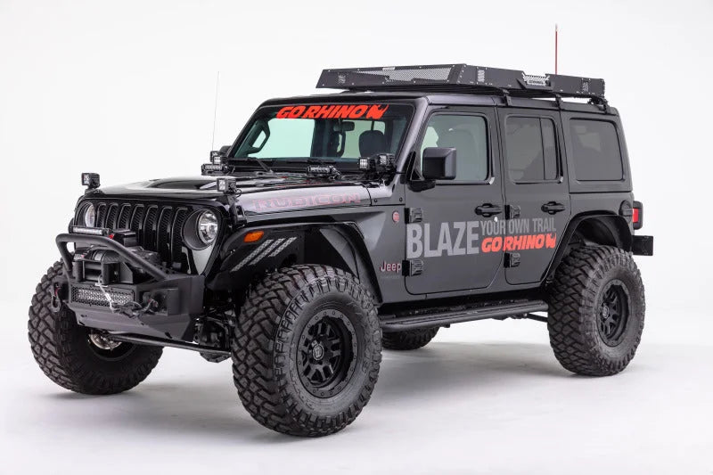 Go Rhino 07-20 Jeep Wrangler JL/JLU/JK/JKU/Gladiator JT Rockline Front Stubby Bumper w/ Overrider - Side View